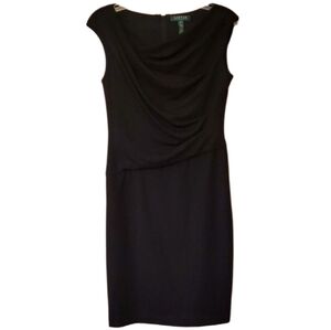 Lauren Ralph Lauren‎ Elegant Black Midi Dress With Draped Neckline Size 10P